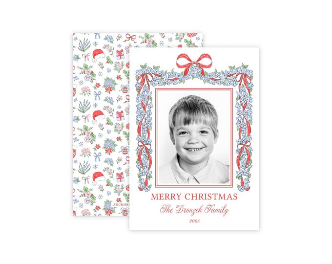 Printable Hydrangea and Holly Christmas Photo Card