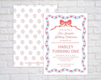 Modèle d'Invitation d'anniversaire 4 juillet, Invitation patriotique avec noeud rouge et étoiles, Invitation aquarelle rouge blanc et bleu, téléchargement numérique