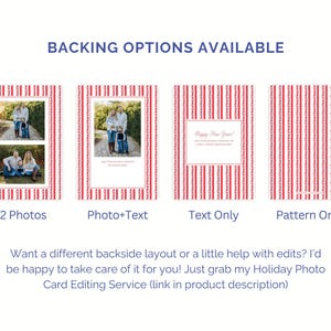 May include: Four rectangular card backing options featuring a red and white vertical striped pattern. The options include a layout with two photos, one photo with text, a text-only layout, and a plain striped pattern. The text reads BACKING OPTIONS AVAILABLE.
