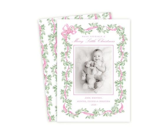 Watercolor Christmas Photo Card Template, Printable Holiday Photo Card, Coquette Pink Bow Garland Baby Announcement Card, Digital Download