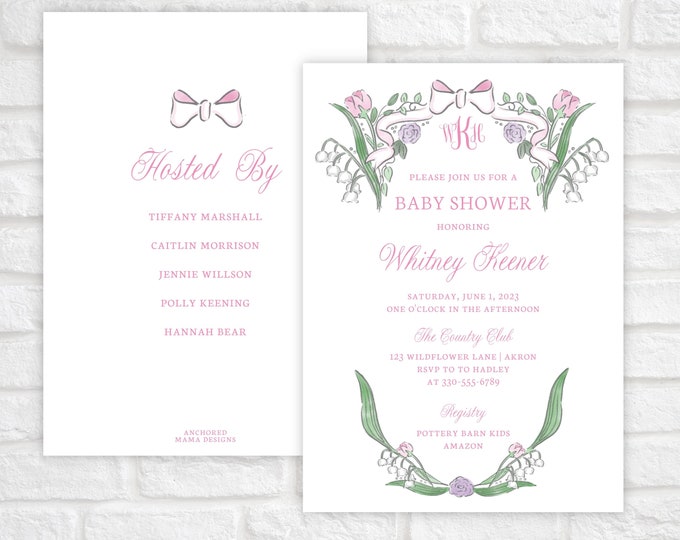 Printable Baby Shower Invitation, Floral Baby Shower Invitation, Pink Monogram Bow Invitation, Baby Girl Shower Invite, Invitation Template