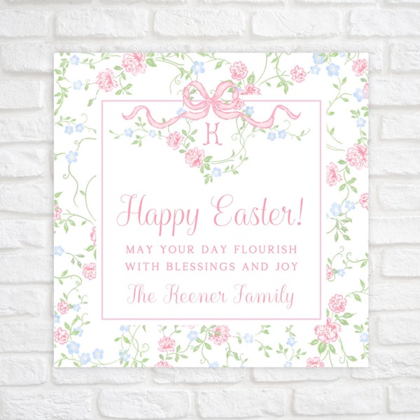 Printable Easter Gift Tag, Watercolor Bow and Floral Easter Tags, Monogram Floral Enclosure Card, Grandmillennial, Digital Download Template