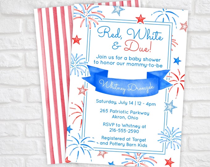 Printable Red White and Due Baby Shower Invitation