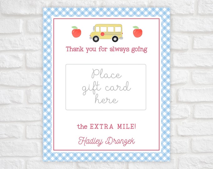 Printable Teacher Gift Card Holder, Back to School Gift for Teacher, First Day of School Teacher Gift, Bus Driver Appreciation Gift Tag