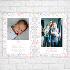 Faire-part de naissance bébé fille imprimable, modèle de carte de vœux bébé, faire-part de naissance aquarelle floral noeud rose, carte nouveau bébé