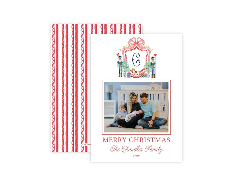 May include: A rectangular Christmas card featuring a red and white striped pattern on the back. The front displays a watercolor crest with a letter C, nutcrackers, and a photo of a family. Text reads MERRY CHRISTMAS The Chandler Family 2023.