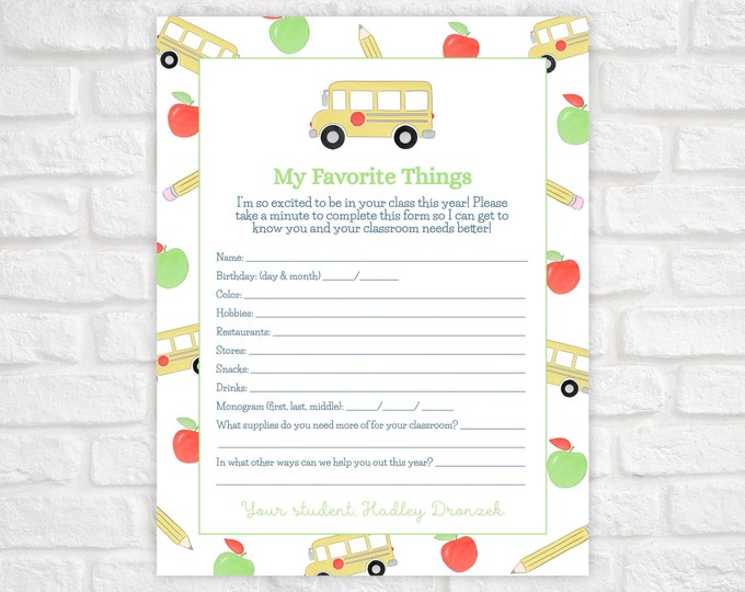 Get to Know the Teacher Questionnaire, Teacher Favorite Things Printable, Get To Know Your Teacher, Back to School, School Supplies Teacher