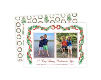 May include: A rectangular Christmas greeting card featuring a watercolor border of green pine garlands and red ribbons. The card displays two photographs of two children, with the text A Very Merry Christmas to You, names, and the year 2024.