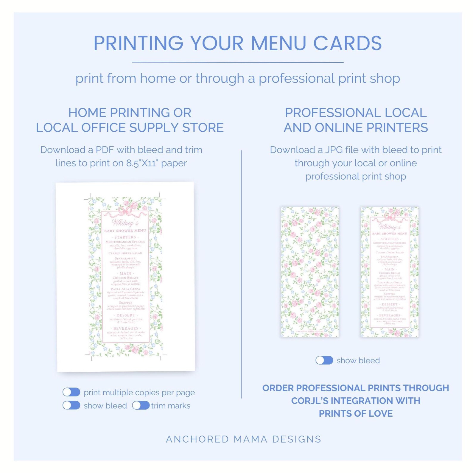 Printable Menu Card Template | Floral Menu Cards for Wedding or Baby ...