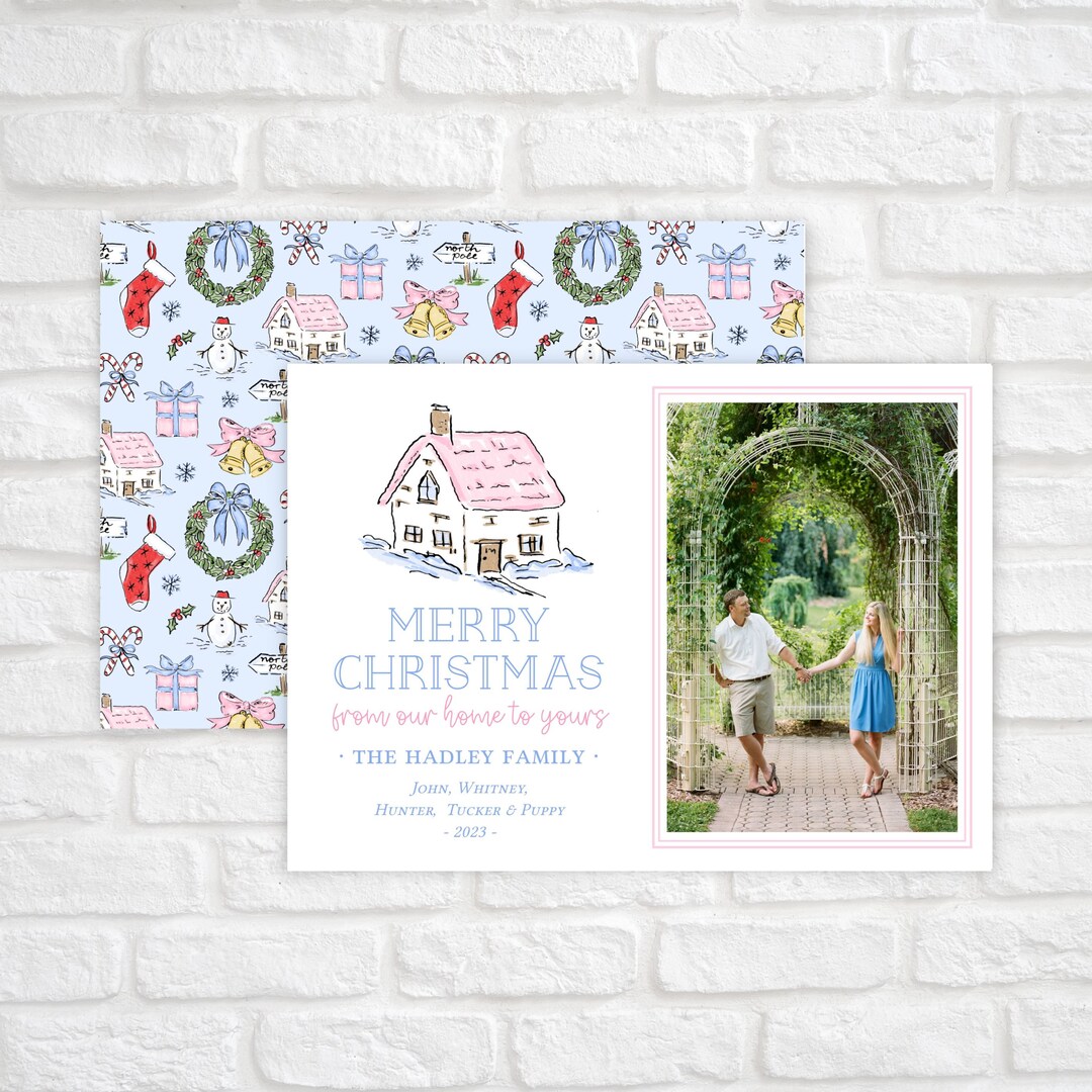 New Home Christmas Card, Christmas Photo Card Template, Watercolor ...
