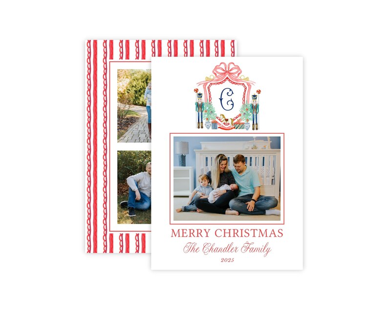 May include: A white Christmas card featuring a red striped border, a crest with a letter C, nutcracker illustrations, and three photographs of a family. The text reads MERRY CHRISTMAS, The Chandler Family, and 2023 in red and black lettering.
