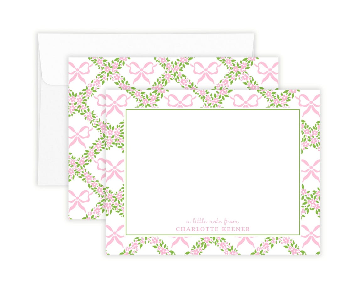 Personalized Floral Lattice With Pink Bow Stationery for Women, Girl ...
