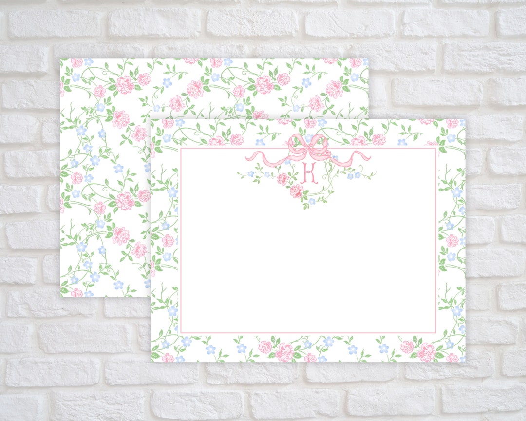 Personalized Floral Vines With Pink Bow Stationery for Women, Girl Baby ...