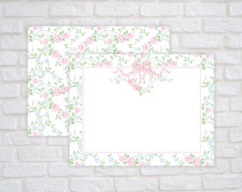 Personalized Floral Vines with Pink Bow Stationery for Women, Girl Baby Shower Thank You Note Cards, Printed Monogram Coquette Stationary