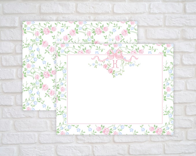 Personalized Floral Vines with Pink Bow Stationery for Women
