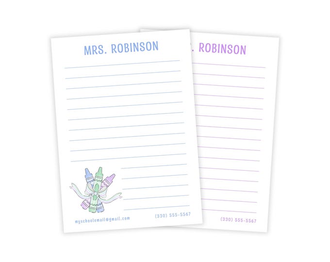 Personalized Pastel Crayon and Bow Teacher Notepad