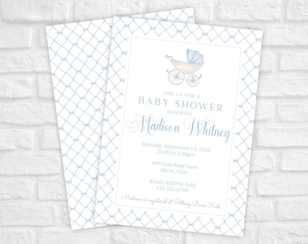 Boy Baby Shower Invitation, Baby Carriage Invite, Printable Watercolor Carriage Stroller Invite, Blue and White Baby Shower Invitation