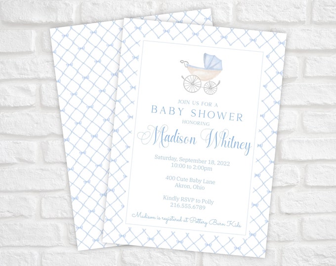 Boy Baby Shower Invitation, Baby Carriage Invite, Printable Watercolor Carriage Stroller Invite, Blue and White Baby Shower Invitation