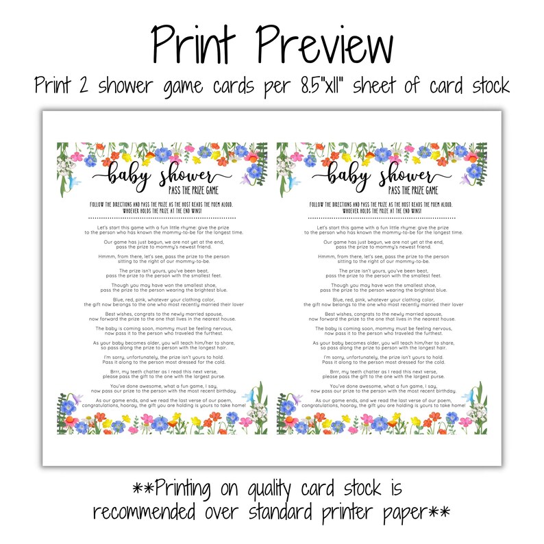 Printable Pass the Prize Baby Shower Games Flower Baby Shower | Etsy
