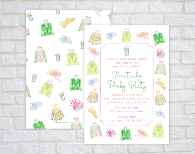Printable Kentucky Derby Party Invitation, Horse Racing Party, Southern Watercolor Derby Hat and Bow Tie Party Invite, Digital Download