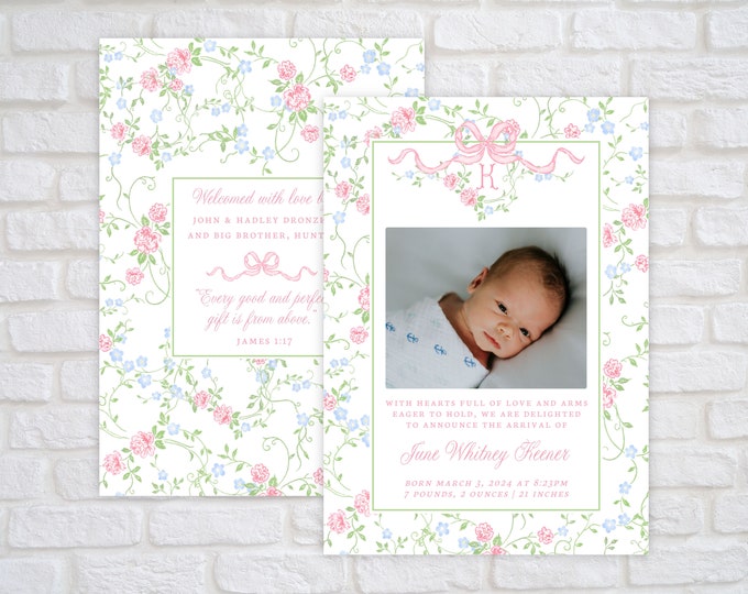Floral Baby Girl Photo Birth Announcement Card Printable