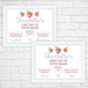 May include: Two printable signs for a student's last and first day of fifth grade. The signs feature a red apple design and include the student's name, Charlotte, and information about their favorite subject, activity, color, and future career aspirations. The signs are decorated with blue polka dots.