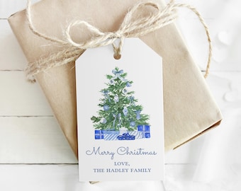 Chinoiserie Christmas Gift Tag | Printable Watercolor Christmas Tree Tag | Personalized Holiday Template