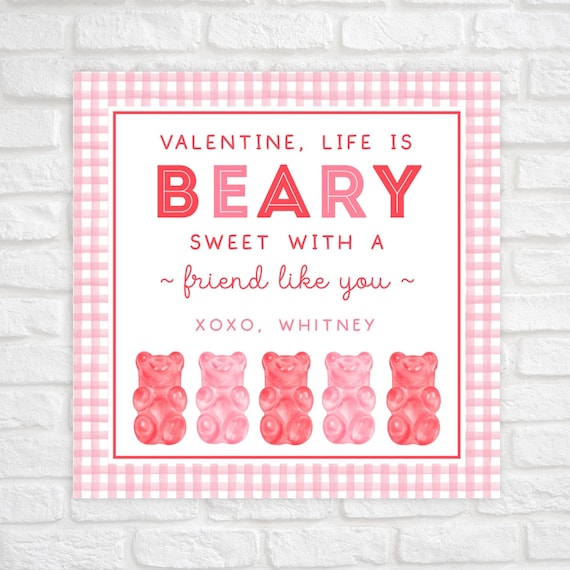 Printable Valentine Cards for Kids, Gummy Bear Valentine Tag, Beary Valentine Exchange Cards, Class Valentines, Valentine's Day Gift Tag