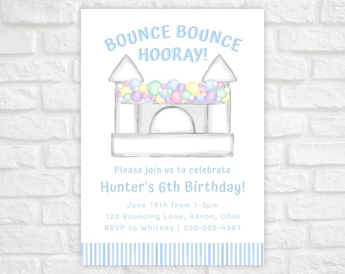 Blue and White Bounce House Birthday Invitation