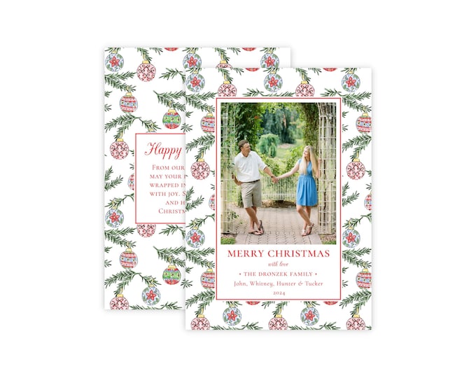 Christmas Photo Card Template, Watercolor Baubles Christmas Card, Printable Holiday Ornaments Photo Card, Grandmillennial Digital Download