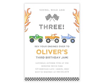Monster Truck Birthday Invitation | Young Wild and Three Birthday Invite | Monster Truck Party | Boy Birthday | Corjl Editable Template