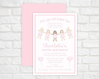 Printable Paper Doll Birthday Invitation, Baby Doll Birthday Invite, Girl Birthday Party Theme, Dolly and Me, Watercolor Paper Doll Party