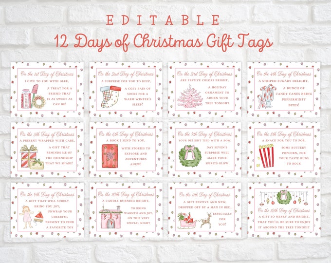 Editable 12 Days of Christmas Tags, Printable 12 Days of Christmas Gift Tags, Twelve Days of Christmas Cards, Secret Santa Gift Tag
