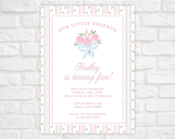 Floral Birthday Invitation Editable, Baby Girl First Birthday Invitation Template, Rose Bouquet Birthday Invitation Kids, Grandmillennial