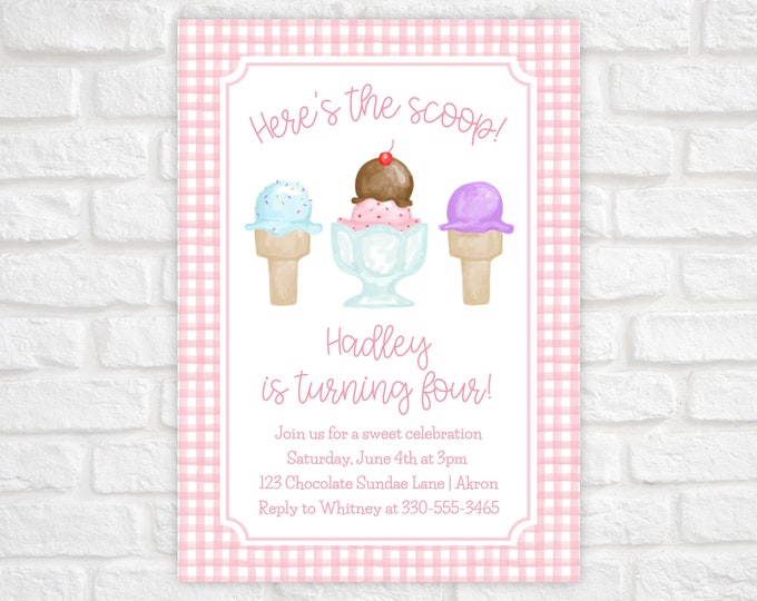 Ice Cream Birthday Invitation, Ice Cream Party Invitation, Here's the Scoop Invitation, Printable Ice Cream Birthday Invitation