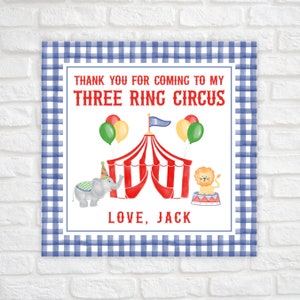 Circus verjaardag gunsttag, carnaval verjaardag gunsttag, carnaval circus bedanktag, afdrukbare drie ringen circustag, circus cadeaukaartje