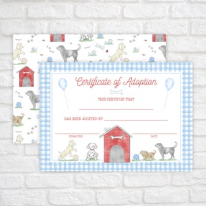 Afdrukbaar adoptiecertificaat puppy, certificaat puppy, geboorteakte puppy, puppyfeestje, verjaardag snips and snails