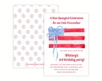 Printable 4th of July Birthday Invitation | Patriotic American Flag with Bow Invite | Red White and Blue Birthday | All American Girl