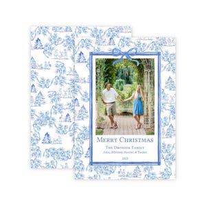 Modelo de cartão de Natal com foto, cartão de Natal com foto em aquarela azul e branca, cartão de Natal com foto para imprimir, download para a Grandmillennial