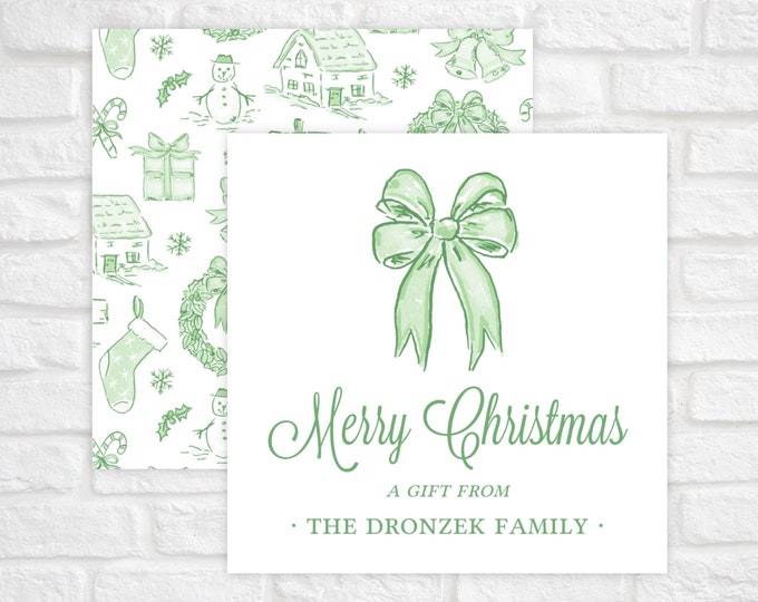 Green Bow Toile Christmas Gift Tag