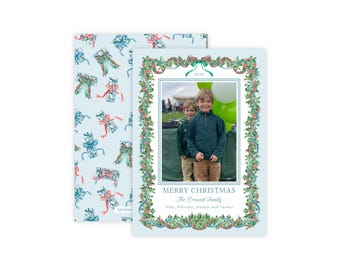 Chinoiserie Christmas Photo Card | Classic Plaid Ribbon Holiday Card | Preppy Family Christmas Card Template | Printable Holiday Card