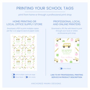 May include: A graphic with text about printing school tags. The design includes a repeating pattern of yellow school buses, green apples, and pencils. The text reads "HAPPY 1st DAY OF SCHOOL" and "love, madison."