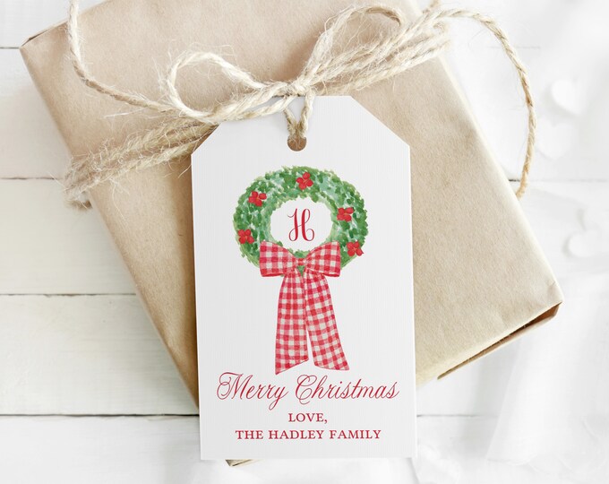 Christmas Gift Tags Printable, Printable Christmas Wreath Tags, Christmas Gift Tags Personalized, Watercolor Monogram Christmas Gift Tags