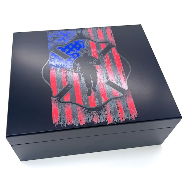 Cigar Humidor | Firefighter Emblem American Flag UV Printed (Permanent)