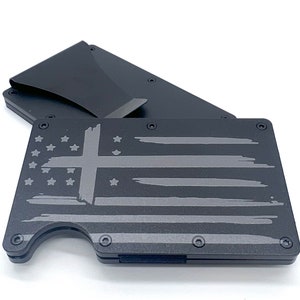 Billetera RFID con clip para billetes y bandera estadounidense patriótica hecha jirones con cruz / Impresión UV / Color negro