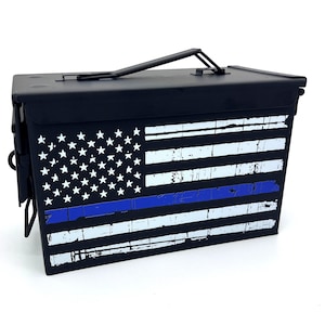Thin Blue Line Tattered American Flag 50cal Ammo Can - UV Printed (Permanent)