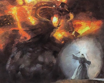 Canvasafdruk Gandalf vs Balrog, LOTR-kunst, LOTR-afdruk, LOTR-cadeau