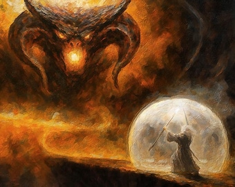 Gandalf kontra Balrog wydruk na płótnie, obraz Balroga, obraz Gandalfa, sztuka LOTR, wydruk LOTR, prezent LOTR