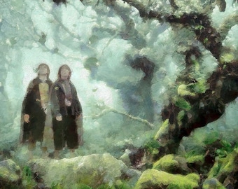 Merry i Pippin w lesie Fangorn, wydruk na płótnie, LOTR Art