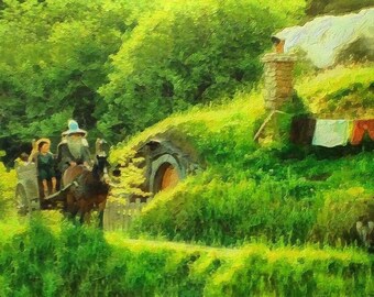Przybycie Gandalfa do Bag End, wydruk na płótnie, płótno z LOTR, wydruk z LOTR, grafika z LOTR